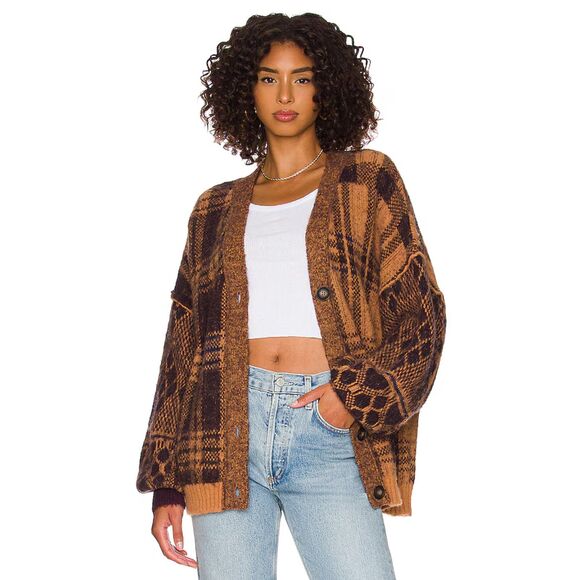 Free People Sweaters - Free People NWT Sepia Plaid Jacquard Oversize Cardigan Birchwood Combo Medium